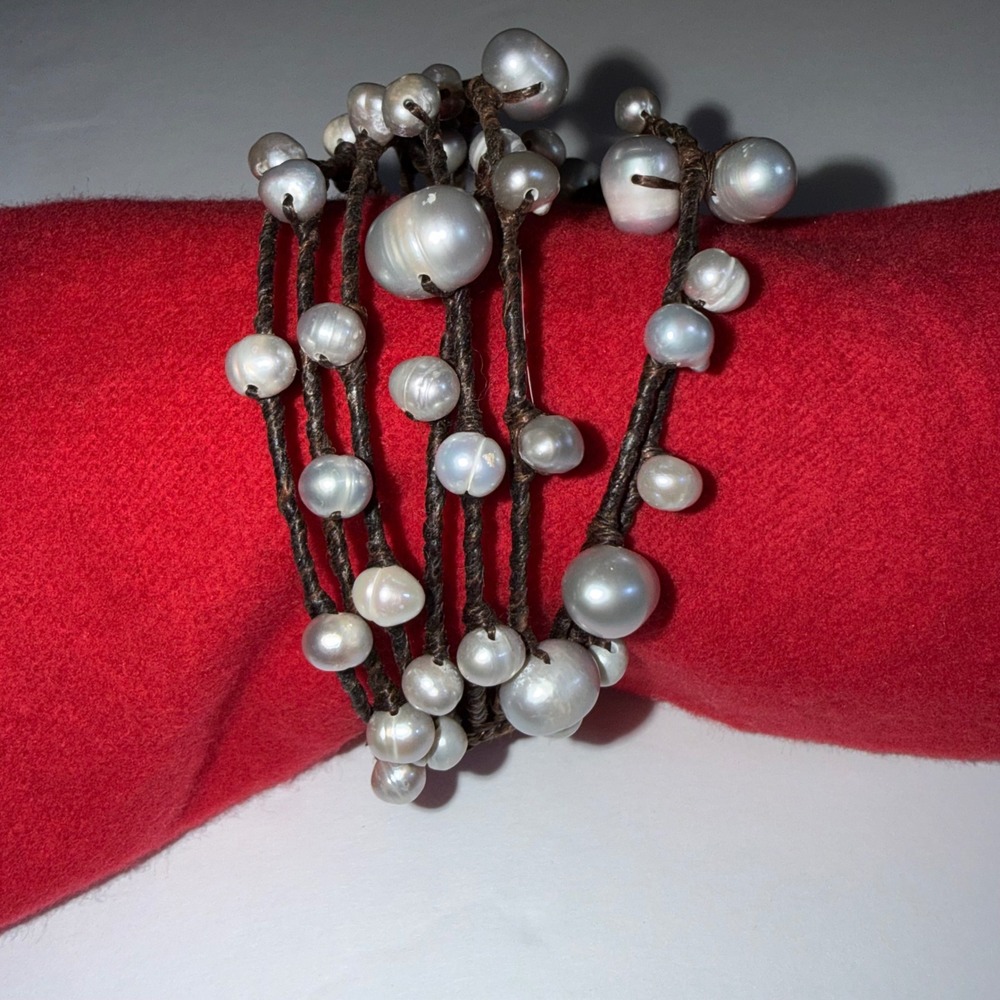 Baroque Freshwater Pearl Wrap Bracelet Brown Multi Strand Boho Coastal White - Picture 2 of 8